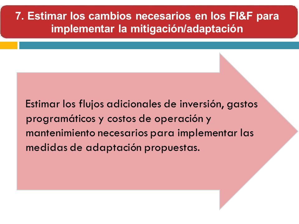 7. Estimar los cambios necesarios en los FI&F para implementar la mitigación/adaptación