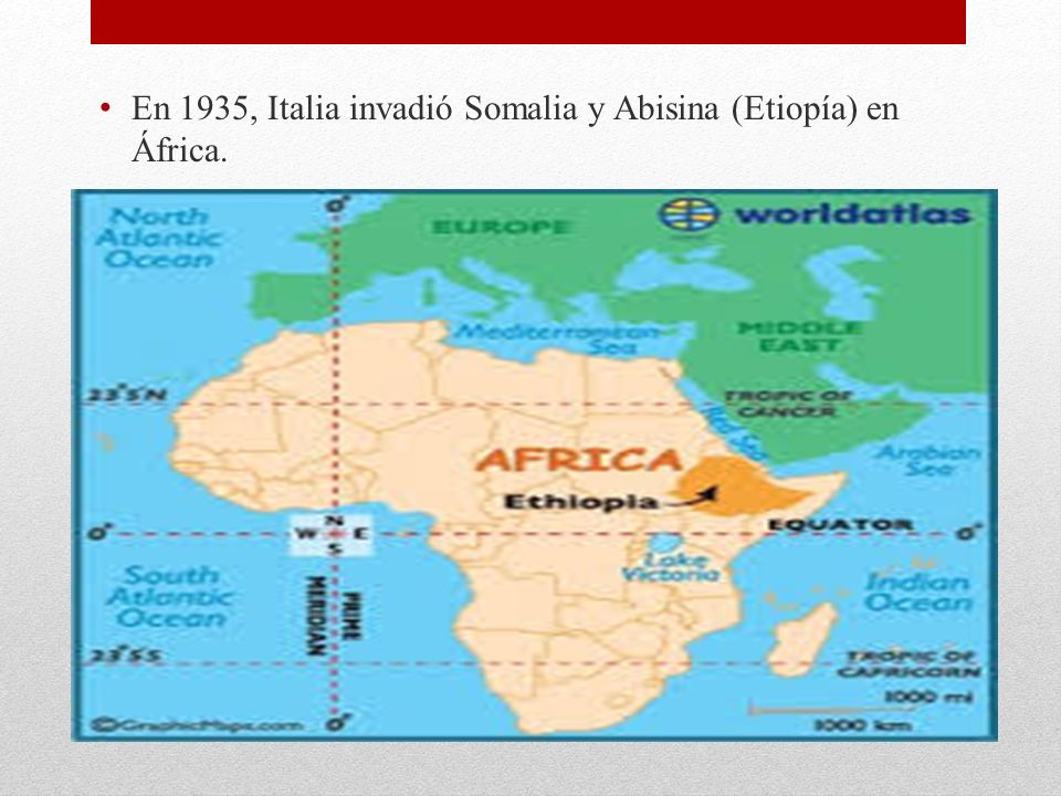 En 1935, Italia invadió Somalia y Abisina (Etiopía) en África.