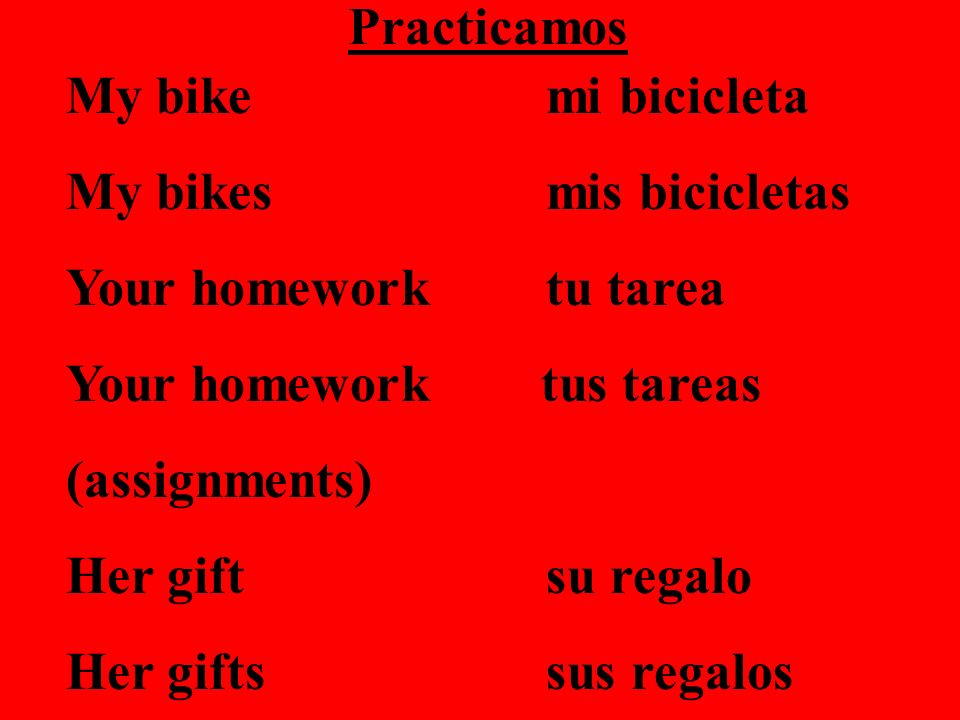 Practicamos My bike mi bicicleta. My bikes mis bicicletas. Your homework tu tarea. Your homework tus tareas.