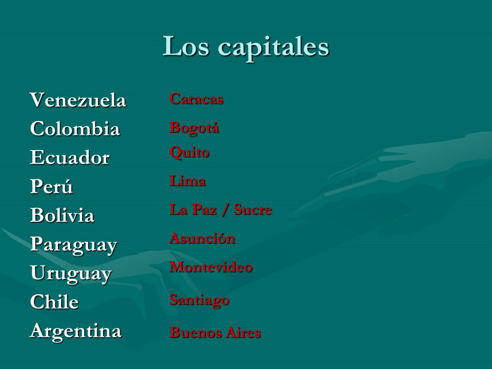 Los capitales Venezuela Colombia Ecuador Perú Bolivia Paraguay Uruguay