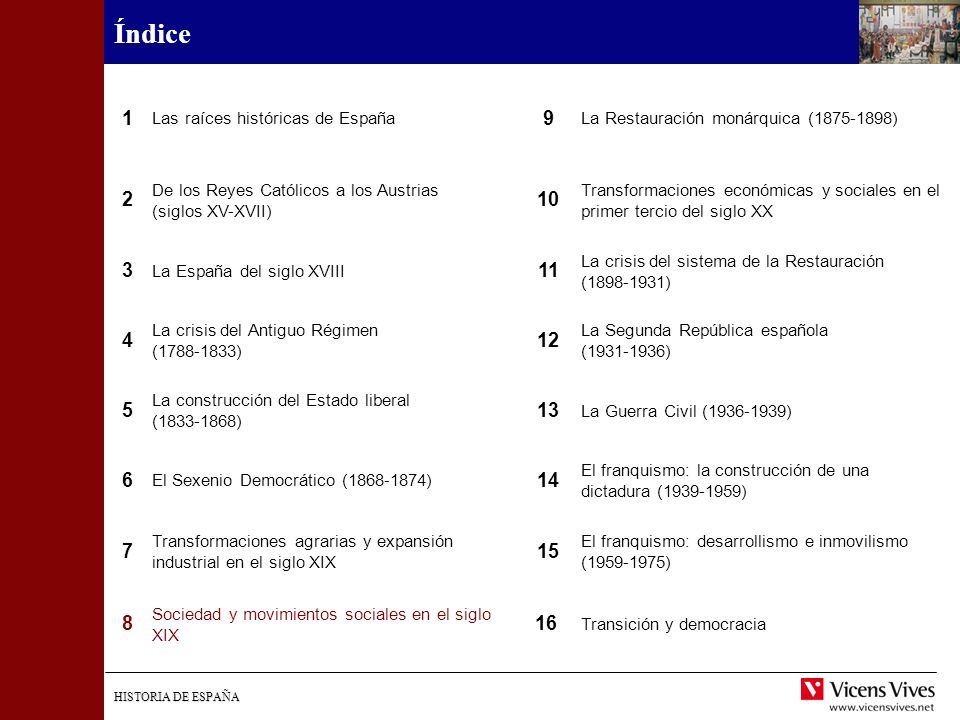 Índice 1. Las raíces históricas de España. 9. La Restauración monárquica ( ) 2. De los Reyes Católicos a los Austrias.