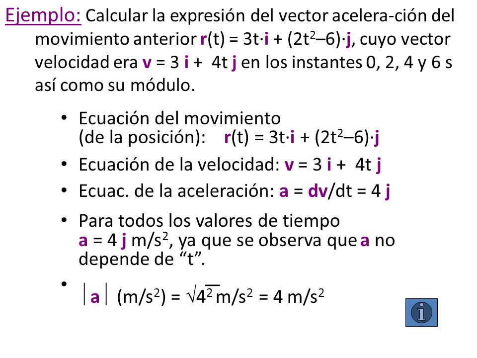 Ejemplo: Calcular la expresión del vector acelera-ción del movimiento anterior r(t) = 3t·i + (2t2–6)·j, cuyo vector velocidad era v = 3 i + 4t j en los instantes 0, 2, 4 y 6 s así como su módulo.