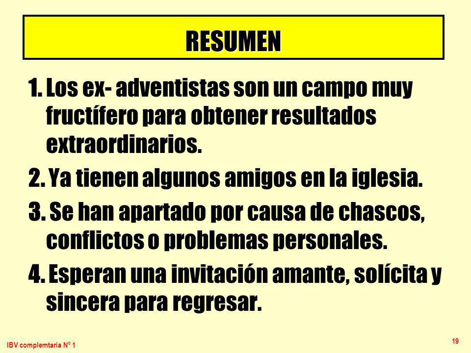 RESUMEN 1. Los ex- adventistas son un campo muy fructífero para obtener resultados extraordinarios.
