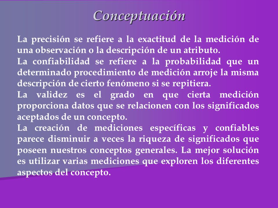 Conceptuación La precisión se refiere a la exactitud de la medición de una observación o la descripción de un atributo.