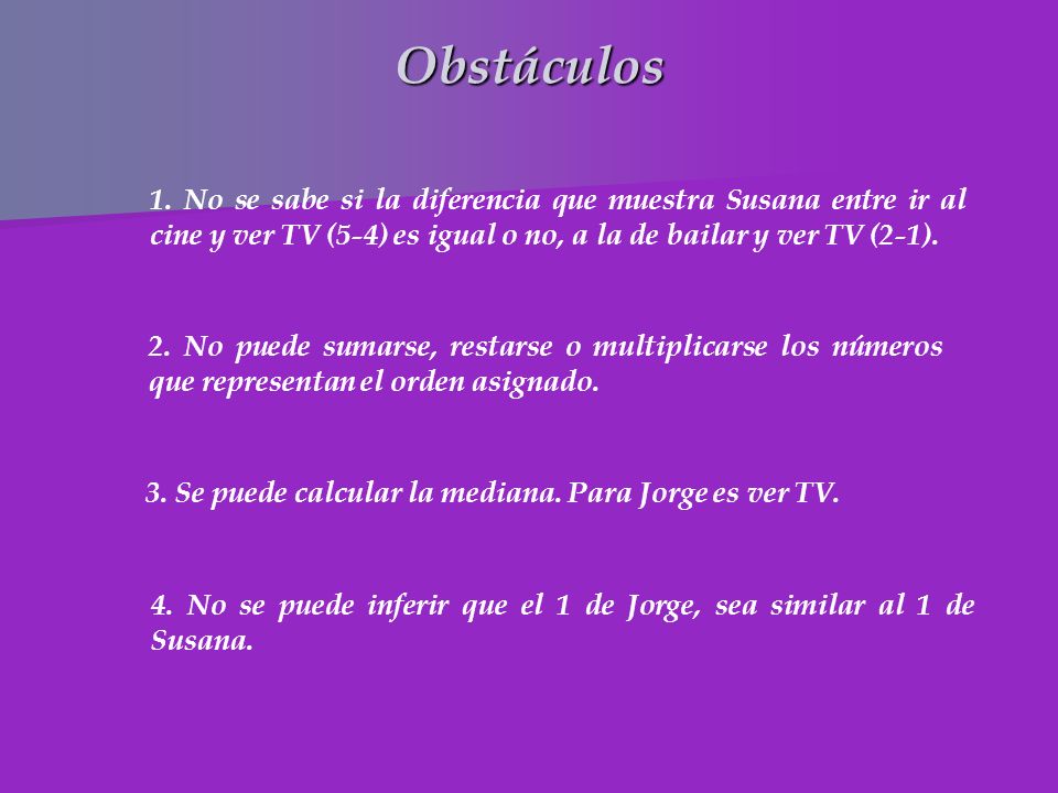 Obstáculos 1. No se sabe si la diferencia que muestra Susana entre ir al cine y ver TV (5-4) es igual o no, a la de bailar y ver TV (2-1).