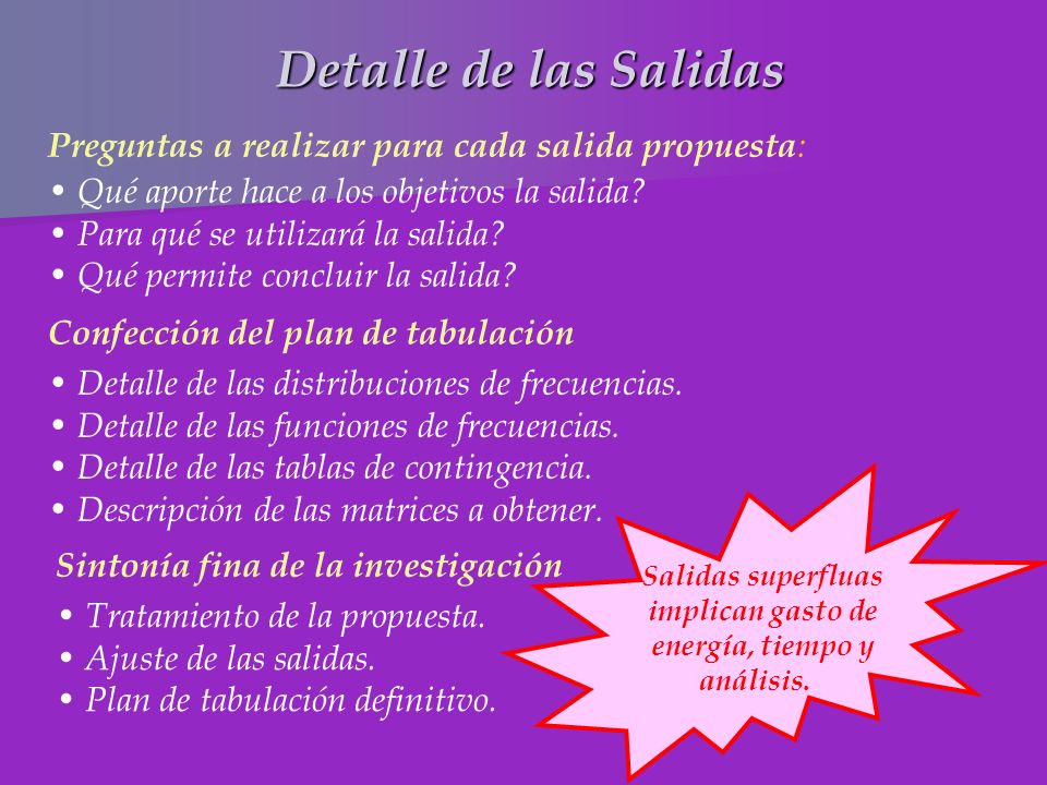 Detalle de las Salidas Qué aporte hace a los objetivos la salida Para qué se utilizará la salida