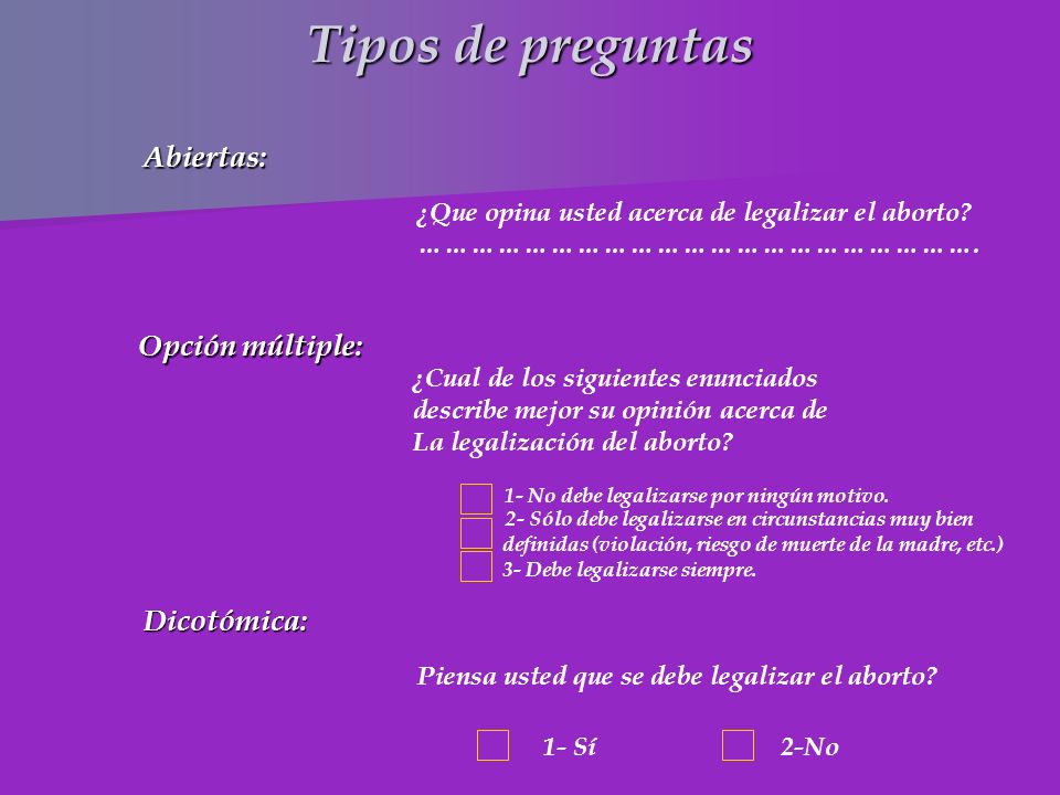 Tipos de preguntas Abiertas: Opción múltiple: Dicotómica:
