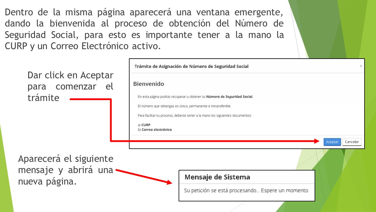 Dentro de la misma página aparecerá una ventana emergente, dando la bienvenida al proceso de obtención del Número de Seguridad Social, para esto es importante tener a la mano la CURP y un Correo Electrónico activo.