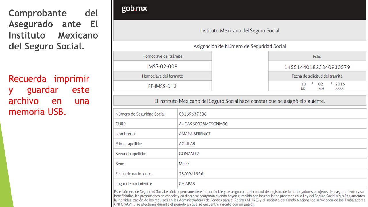Comprobante del Asegurado ante El Instituto Mexicano del Seguro Social.