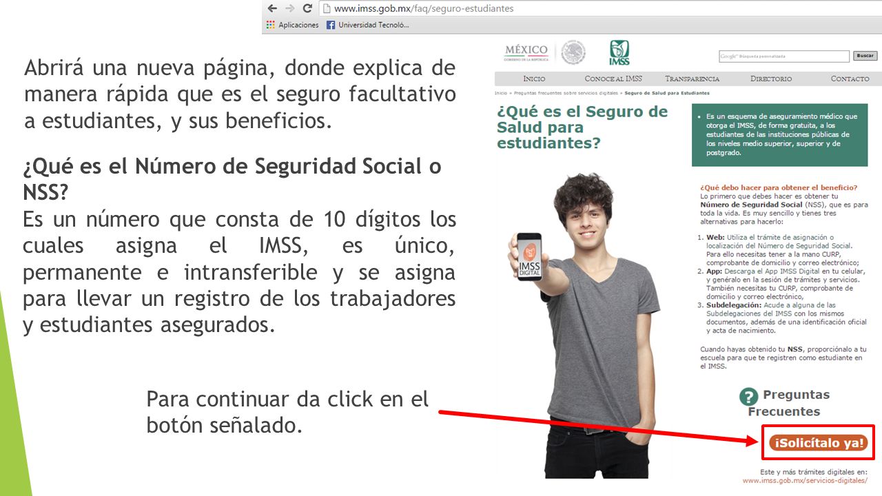 Abrirá una nueva página, donde explica de manera rápida que es el seguro facultativo a estudiantes, y sus beneficios.