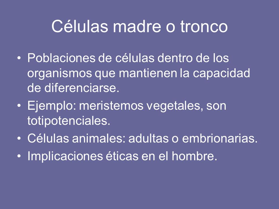 Células madre o tronco Poblaciones de células dentro de los organismos que mantienen la capacidad de diferenciarse.