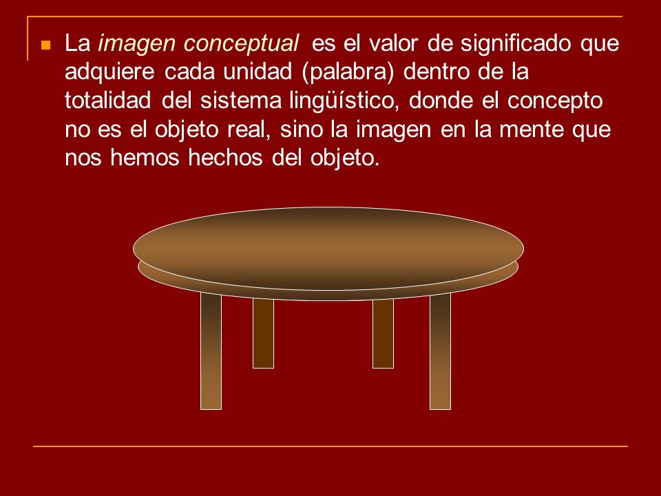 La imagen conceptual es el valor de significado que adquiere cada unidad (palabra) dentro de la totalidad del sistema lingüístico, donde el concepto no es el objeto real, sino la imagen en la mente que nos hemos hechos del objeto.