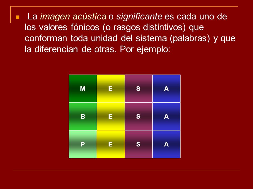 La imagen acústica o significante es cada uno de los valores fónicos (o rasgos distintivos) que conforman toda unidad del sistema (palabras) y que la diferencian de otras. Por ejemplo: