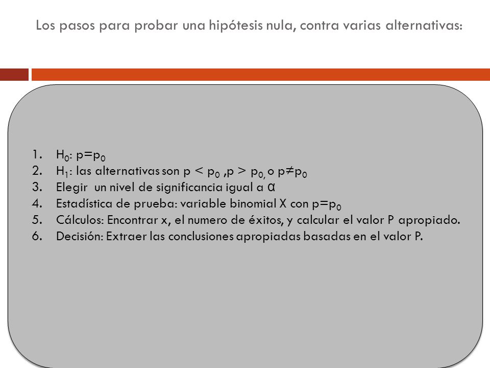 Los pasos para probar una hipótesis nula, contra varias alternativas: