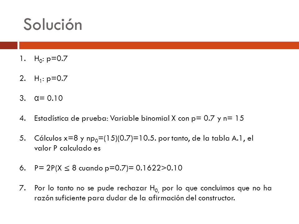 Solución H0: p=0.7. H1: p=0.7. α= Estadística de prueba: Variable binomial X con p= 0.7 y n= 15.