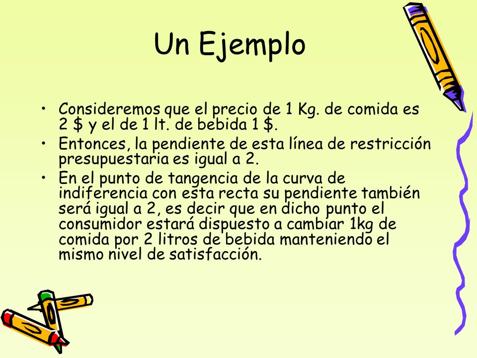 Un Ejemplo Consideremos que el precio de 1 Kg. de comida es 2 $ y el de 1 lt. de bebida 1 $.