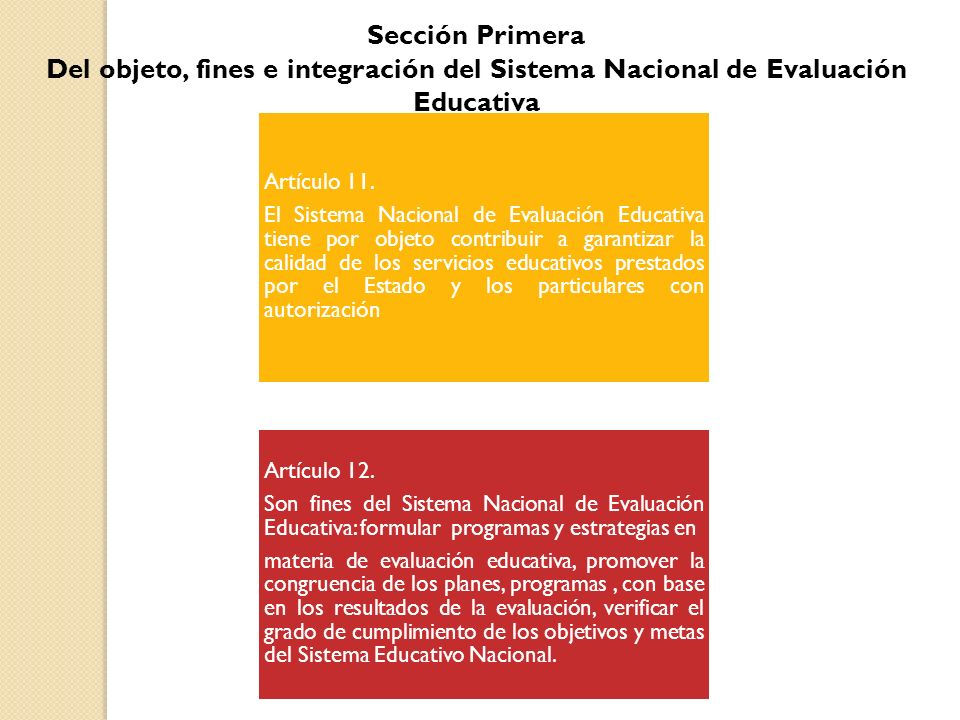 Sección Primera Del objeto, fines e integración del Sistema Nacional de Evaluación Educativa. Artículo 11.