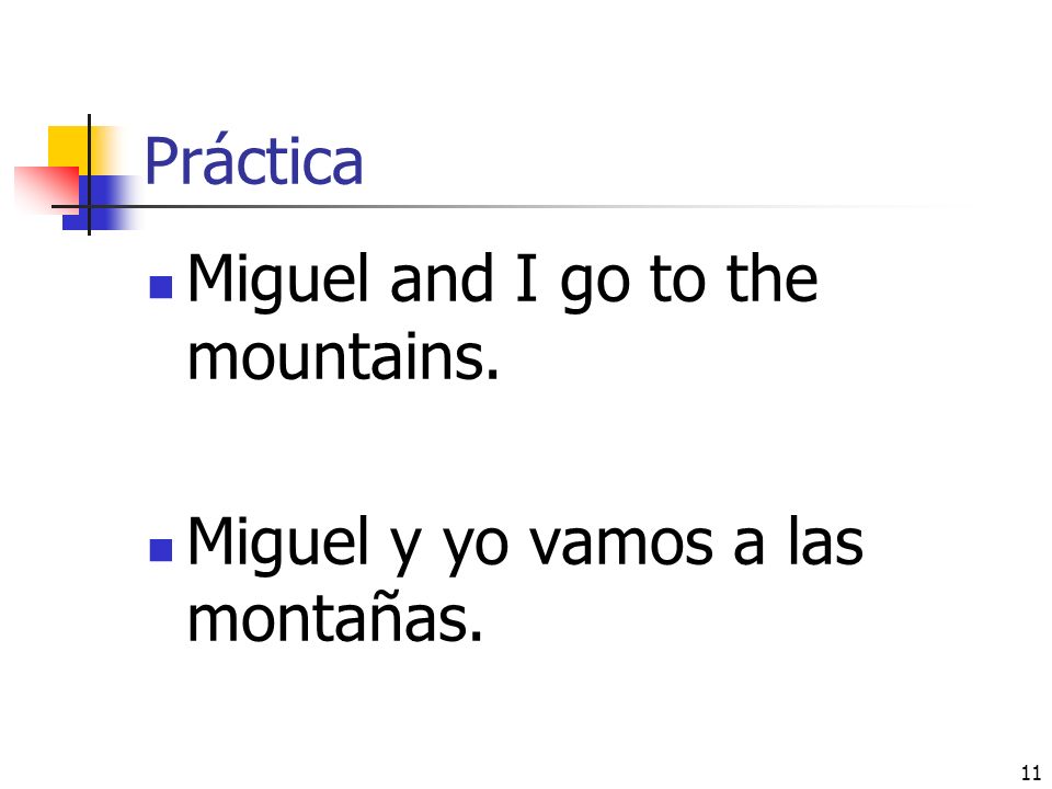 Práctica Miguel and I go to the mountains. Miguel y yo vamos a las montañas.