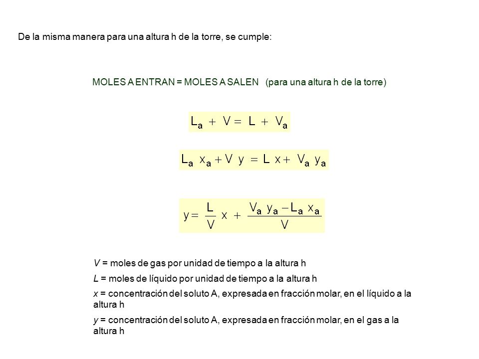 MOLES A ENTRAN = MOLES A SALEN (para una altura h de la torre)
