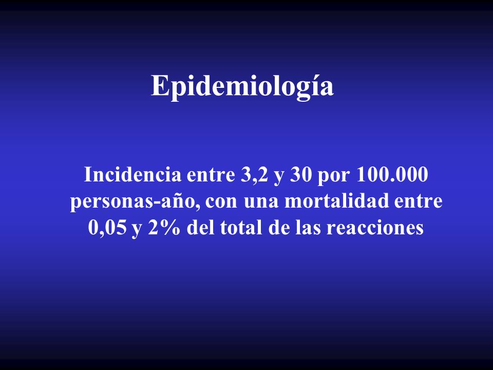 Epidemiología Incidencia entre 3,2 y 30 por personas-año, con una mortalidad entre 0,05 y 2% del total de las reacciones.