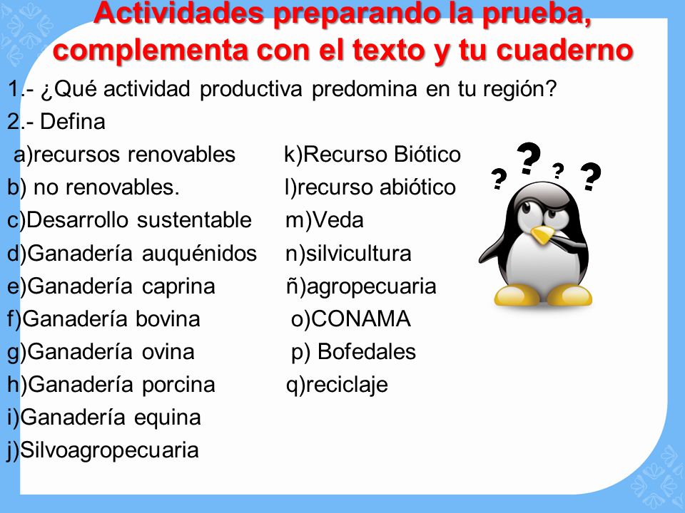 Actividades preparando la prueba, complementa con el texto y tu cuaderno
