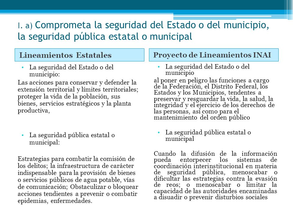 I. a) Comprometa la seguridad del Estado o del municipio, la seguridad pública estatal o municipal
