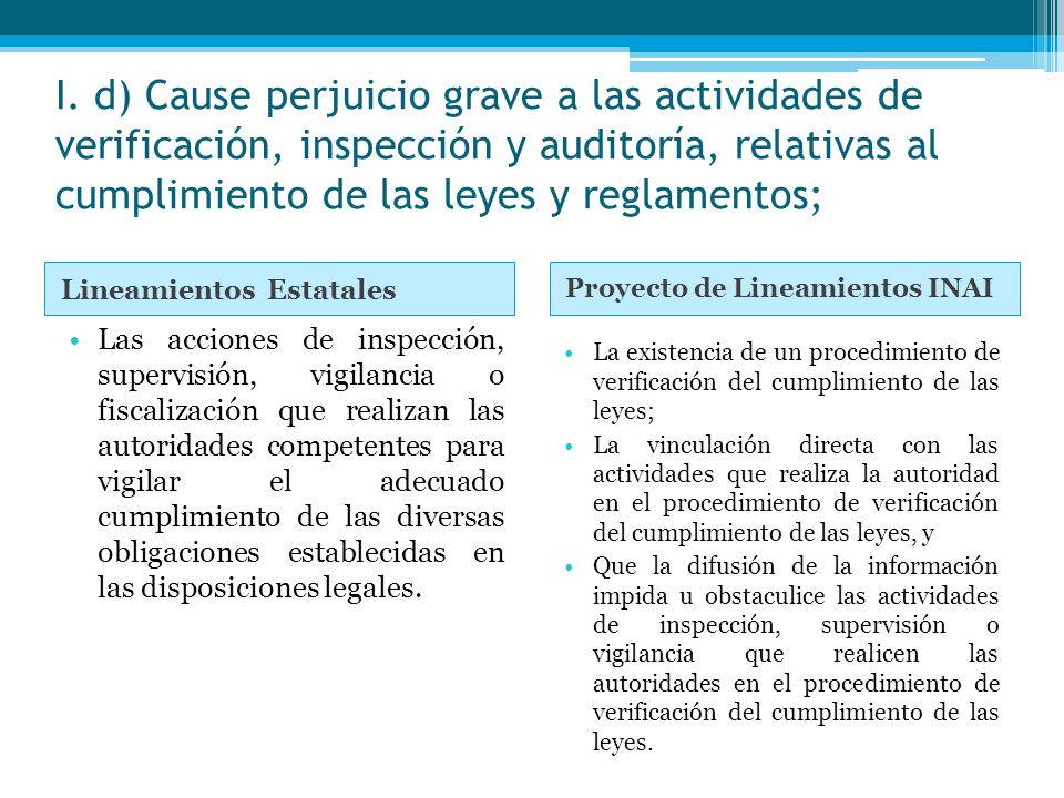 I. d) Cause perjuicio grave a las actividades de verificación, inspección y auditoría, relativas al cumplimiento de las leyes y reglamentos;