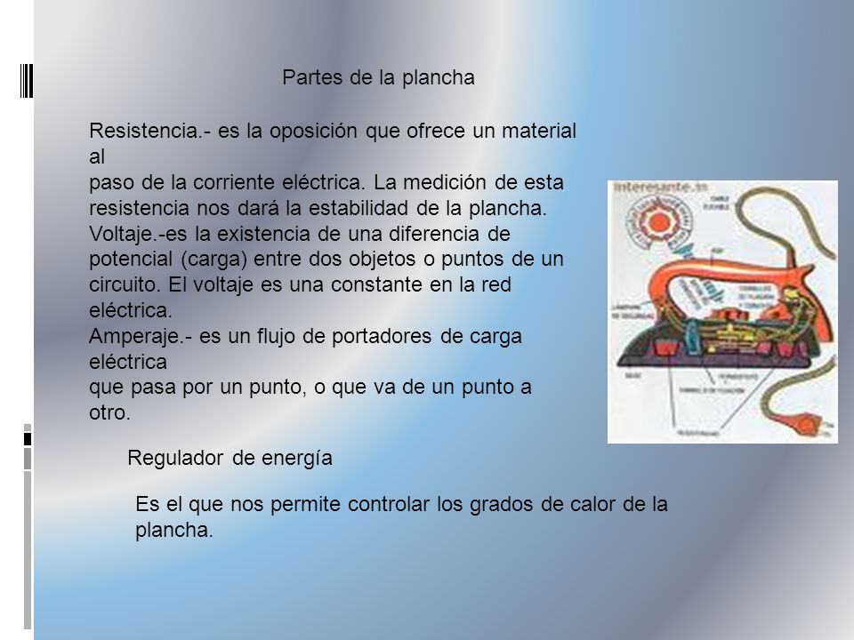 Partes de la plancha Resistencia.- es la oposición que ofrece un material al. paso de la corriente eléctrica. La medición de esta.