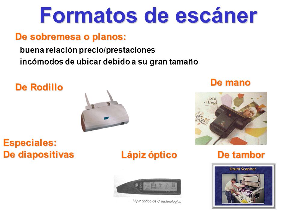 Formatos de escáner De sobremesa o planos: De mano De Rodillo