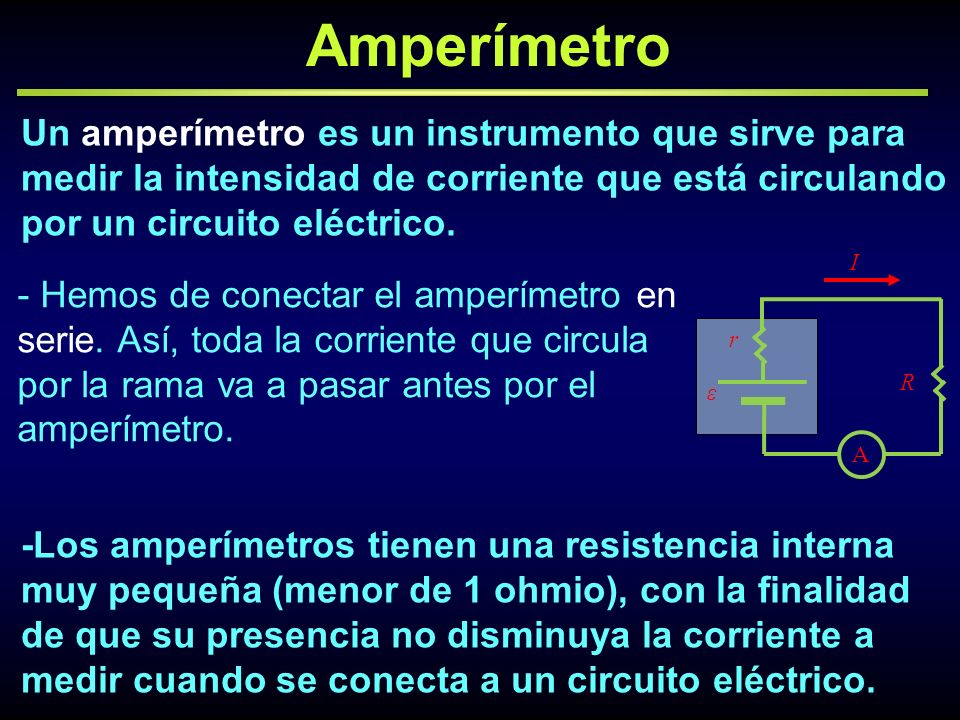 Amperímetro Un amperímetro es un instrumento que sirve para medir la intensidad de corriente que está circulando por un circuito eléctrico.