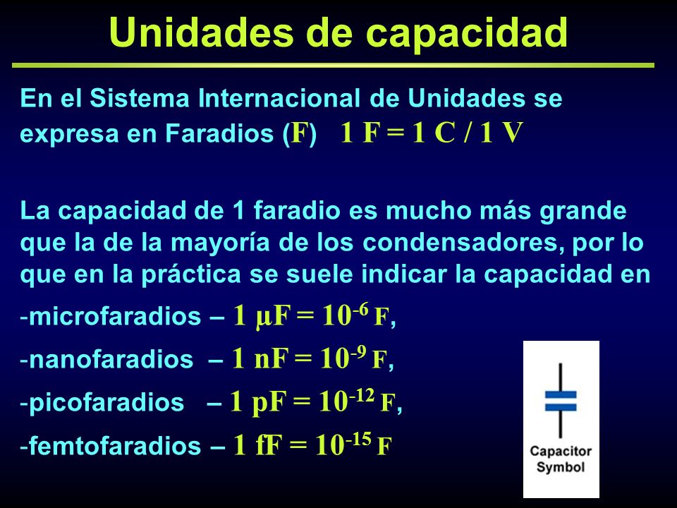 Unidades de capacidad En el Sistema Internacional de Unidades se expresa en Faradios (F) 1 F = 1 C / 1 V.