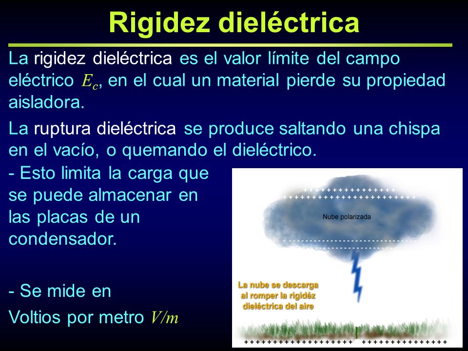 Rigidez dieléctrica La rigidez dieléctrica es el valor límite del campo eléctrico Ec, en el cual un material pierde su propiedad aisladora.