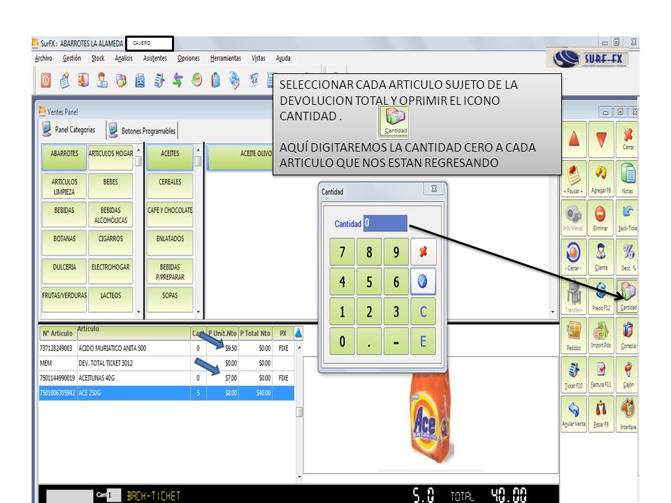 CAJERO SELECCIONAR CADA ARTICULO SUJETO DE LA DEVOLUCION TOTAL Y OPRIMIR EL ICONO CANTIDAD .