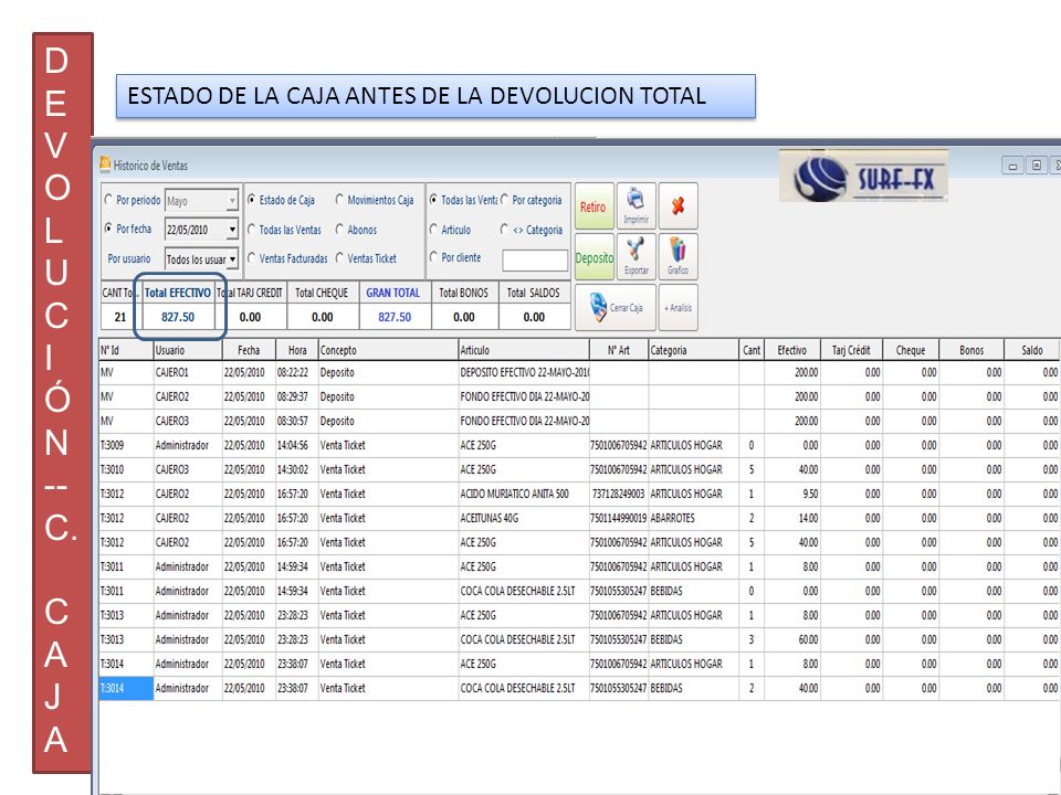 D E V O L U C I Ó N -- C. A J ESTADO DE LA CAJA ANTES DE LA DEVOLUCION TOTAL