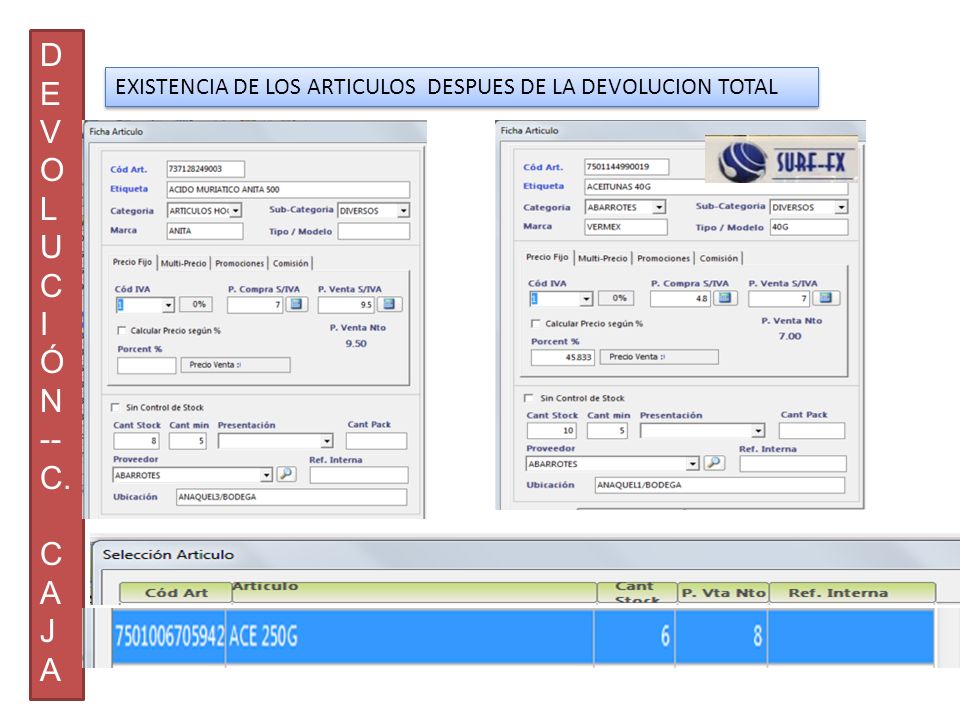 D E V O L U C I Ó N -- C. A J EXISTENCIA DE LOS ARTICULOS DESPUES DE LA DEVOLUCION TOTAL
