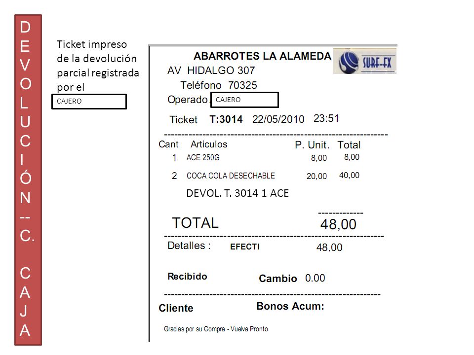 D E. V. O. L. U. C. I. Ó. N. -- C. A. J. Ticket impreso de la devolución parcial registrada por el Administrador.