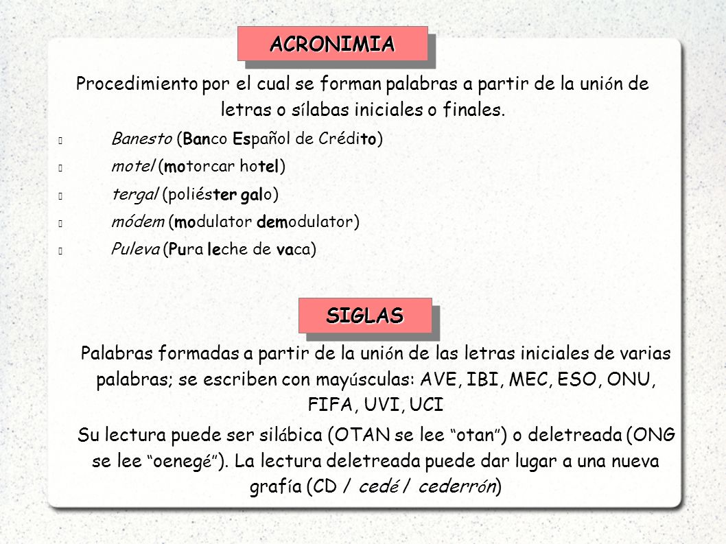 ACRONIMIA Procedimiento por el cual se forman palabras a partir de la unión de letras o sílabas iniciales o finales.
