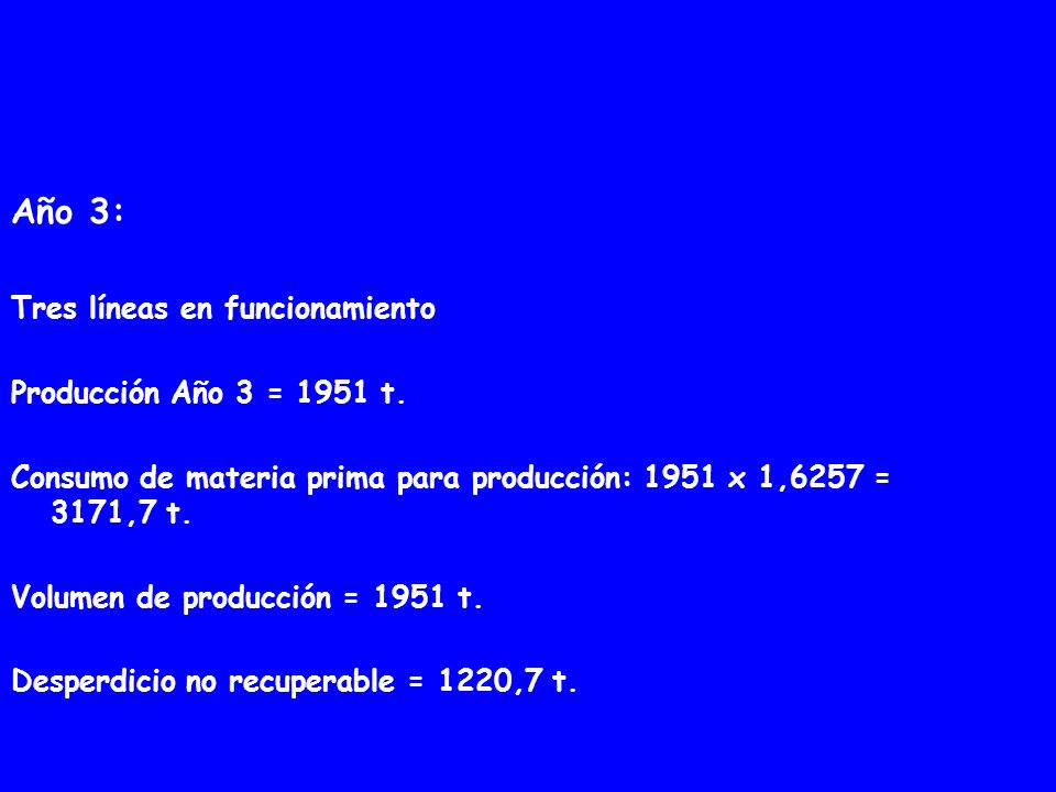 Año 3: Tres líneas en funcionamiento Producción Año 3 = 1951 t.