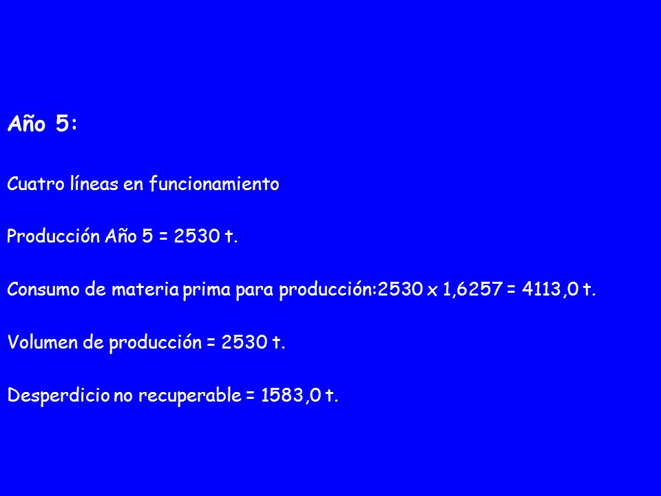 Año 5: Cuatro líneas en funcionamiento Producción Año 5 = 2530 t.