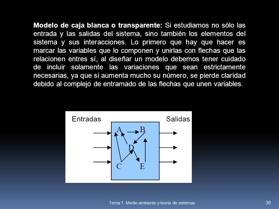 Modelo de caja blanca o transparente: Si estudiamos no sólo las entrada y las salidas del sistema, sino también los elementos del sistema y sus interacciones. Lo primero que hay que hacer es marcar las variables que lo componen y unirlas con flechas que las relacionen entres sí, al diseñar un modelo debemos tener cuidado de incluir solamente las variaciones que sean estrictamente necesarias, ya que si aumenta mucho su número, se pierde claridad debido al complejo de entramado de las flechas que unen variables.