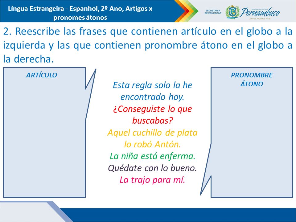 Língua Estrangeira - Espanhol, 2º Ano, Artigos x pronomes átonos