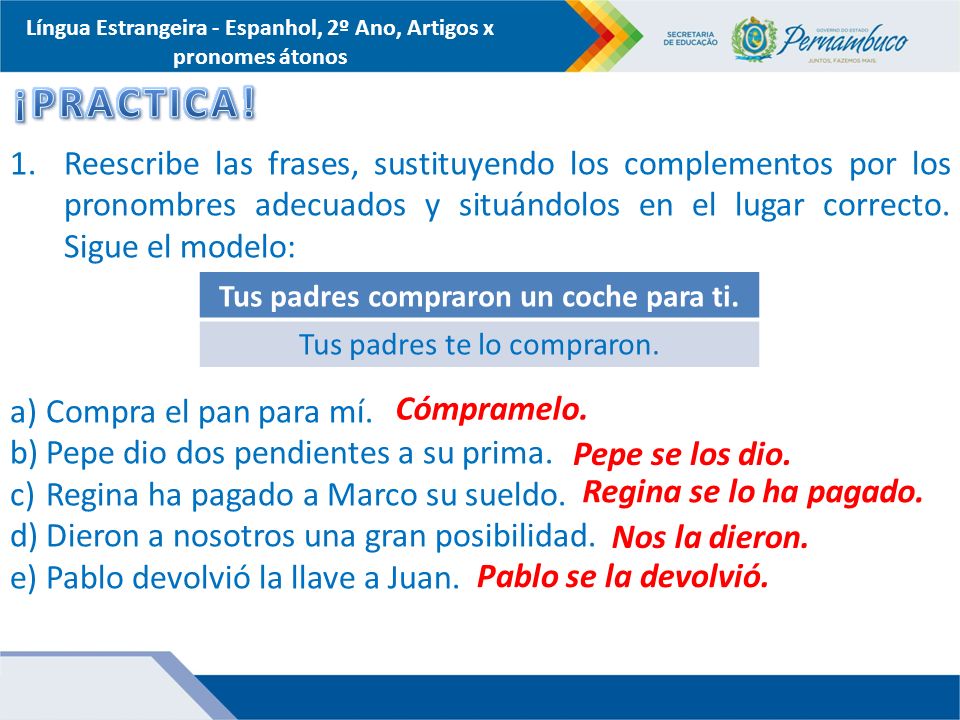 Língua Estrangeira - Espanhol, 2º Ano, Artigos x pronomes átonos