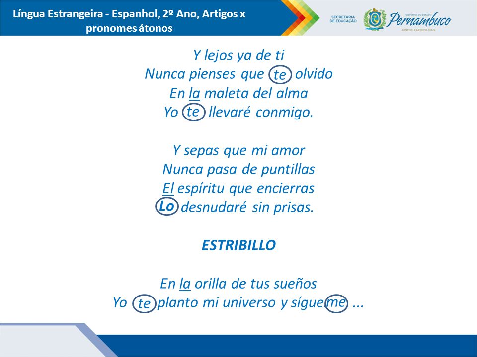 Língua Estrangeira - Espanhol, 2º Ano, Artigos x pronomes átonos