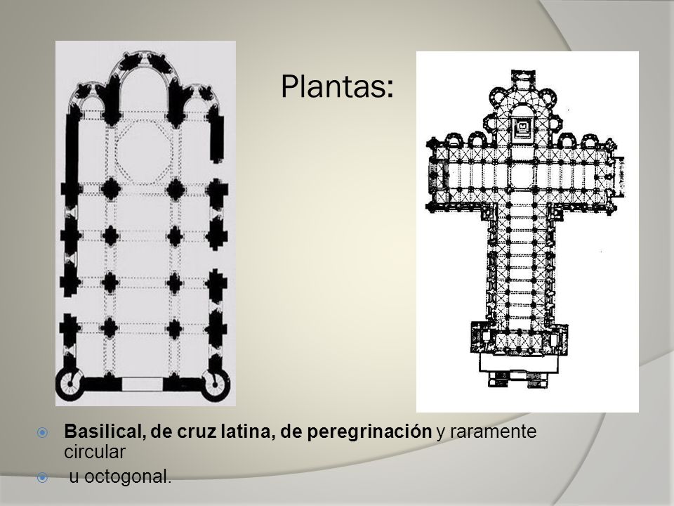 Plantas: Basilical, de cruz latina, de peregrinación y raramente circular u octogonal.