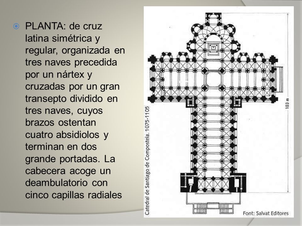 PLANTA: de cruz latina simétrica y regular, organizada en tres naves precedida por un nártex y cruzadas por un gran transepto dividido en tres naves, cuyos brazos ostentan cuatro absidiolos y terminan en dos grande portadas.