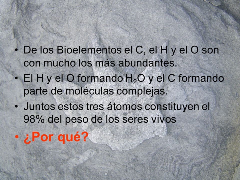 De los Bioelementos el C, el H y el O son con mucho los más abundantes.