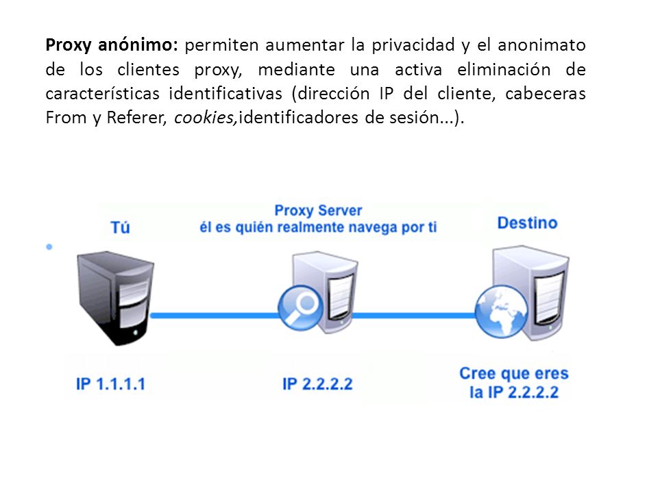 Proxy anónimo: permiten aumentar la privacidad y el anonimato de los clientes proxy, mediante una activa eliminación de características identificativas (dirección IP del cliente, cabeceras From y Referer, cookies,identificadores de sesión...).