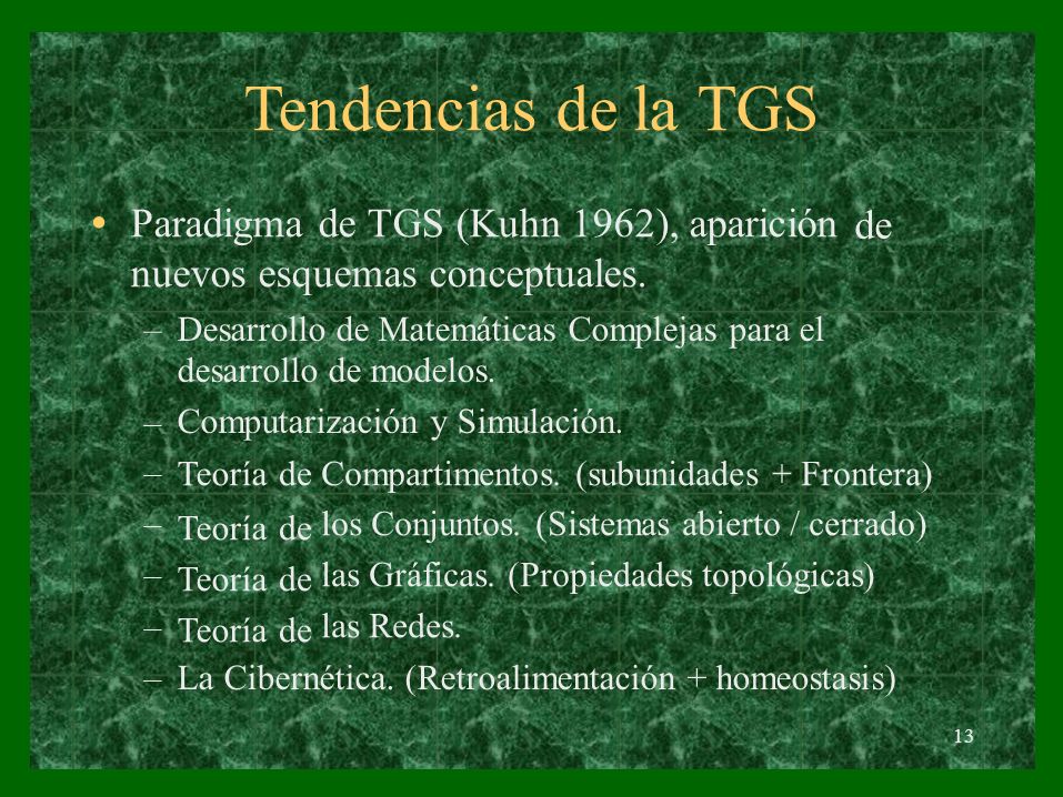 Tendencias de la TGS Paradigma de TGS (Kuhn 1962), aparición nuevos esquemas conceptuales. • de.