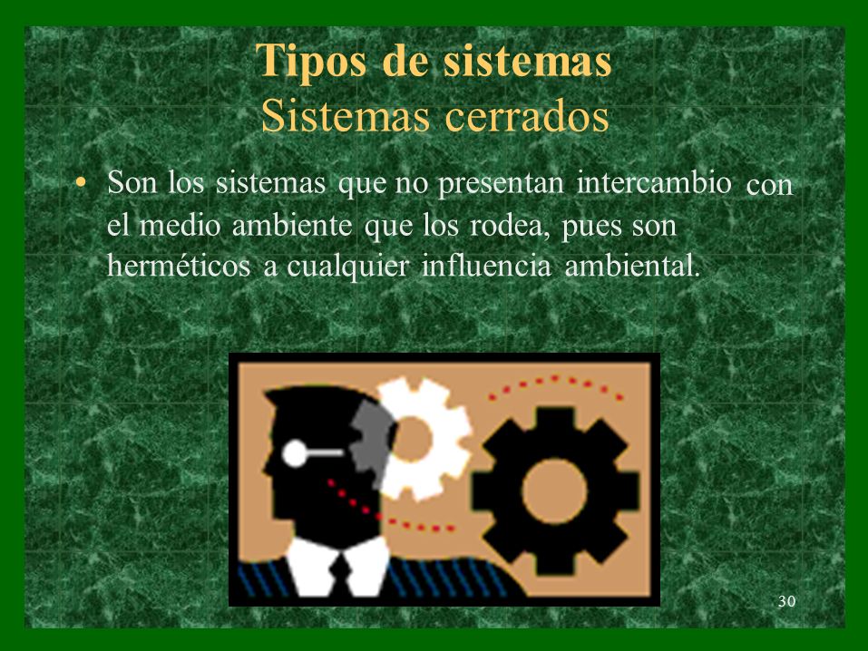 Tipos de Sistemas sistemas cerrados • Son los sistemas que no