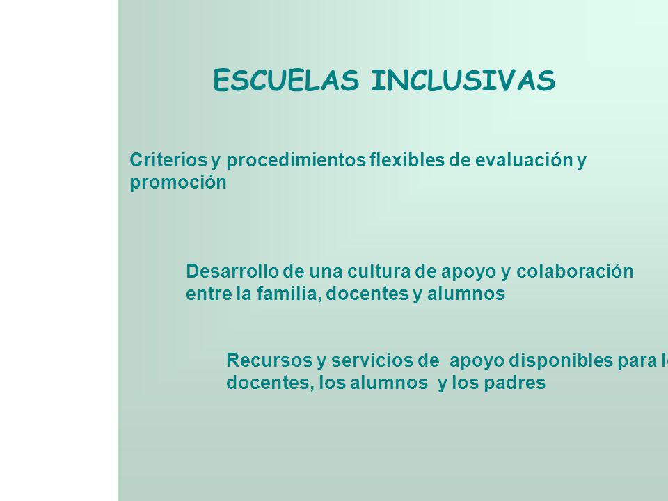 ESCUELAS INCLUSIVAS Criterios y procedimientos flexibles de evaluación y. promoción. Desarrollo de una cultura de apoyo y colaboración.